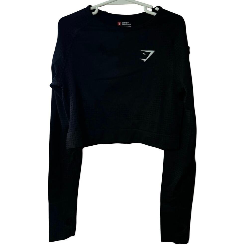Gymshark Black Top S Small Cropped Long Sleeve Activewear shark logo